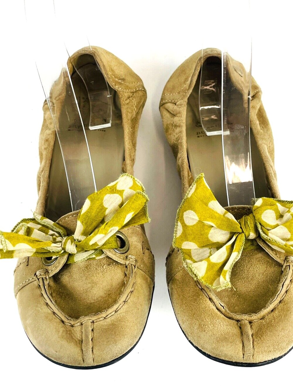 Burberry Suede Leather Ballet Flats Olive Tan Bow Vintage Women's 7.5